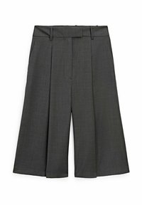 Culottes grises à plis ajustés avec un design à jambes larges, poches latérales et un tissu texturé lisse. Taille ajustable incluse.