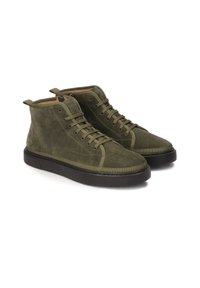 Olive green suede high-top sneakers with lace-up design, contrasting black rubber sole, and minimal stitching accents.