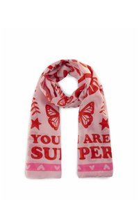 Écharpe légère rose avec des motifs de papillons rouges et d'étoiles, ornée du texte "TU ES SUPER" et d'une bordure décorative en forme de cœur.