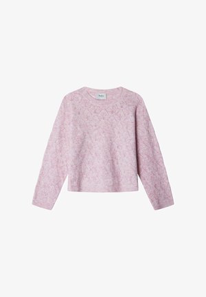 Rosa gestrickter Pullover mit einem strukturierten Blattmuster, Rundhalsausschnitt und langen Ärmeln. Hergestellt aus weichem, leichtem Material.