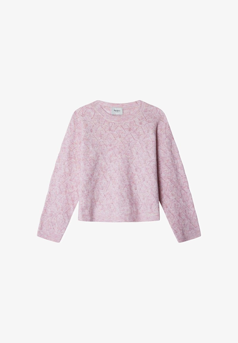 Růžový pletený svetr s texturovaným vzorem listů, kulatým výstřihem a dlouhými rukávy. Vyroben z měkkého, lehkého materiálu.