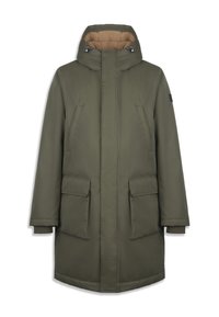 Manteau d'hiver long vert olive avec capuche doublée en polaire beige, fermeture éclair sur le devant recouverte d'un rabat et quatre poches extérieures avec deux fermetures à rabat.