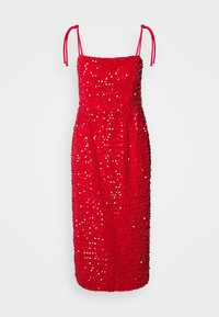 Robe sans manches rouge avec une silhouette ajustée, couverte de sequins, dotée de bretelles réglables et d'un ourlet droit.