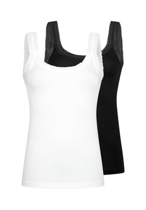 Zwei ärmellose Damen-Tanktops mit Spitzenbesatz, eines vorne weiß und eines schwarz hinten, vor einem schlichten Hintergrund dargestellt.