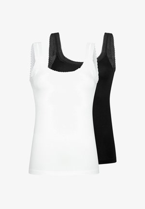 Zwei ärmellose Damen-Tanktops mit Spitzenbesatz, eines vorne weiß und eines schwarz hinten, vor einem schlichten Hintergrund dargestellt.
