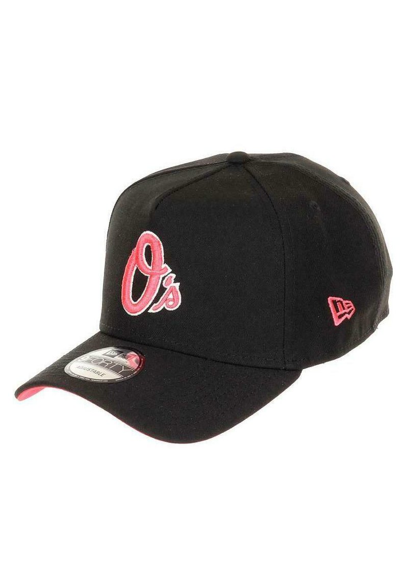 Black baseball cap with a pink embroidered "O's" logo on the front. Features a flat visor and a New Era sticker on the brim.