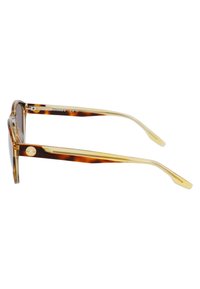 Tortoiseshell zonnebril met lichtbruine lenzen, acetaat montuur en gouden metalen accenten. Slank, rechthoekig ontwerp met licht gebogen tempels.