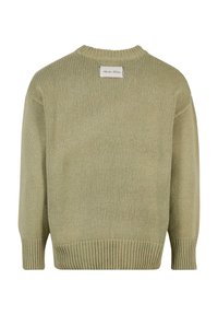 Grüner gestrickter Pullover mit rundem Ausschnitt, gerippten Bündchen und Saum, mit einem Etikett auf der Rückseite, aus weichem, strukturiertem Material.