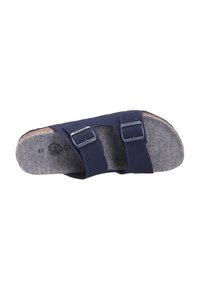 Sandalo blu navy a due cinghie con fibbie metalliche argento, suola simile al sughero e soletta in feltro grigio, progettato per comfort e supporto.