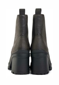 Dark gray ankle boots with a smooth leather finish, a chunky black heel, and elastic side panels for easy wear. Textured sole for grip.