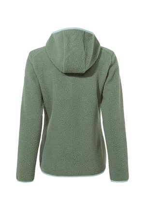 Fleecejacke in Salbeigrün mit Kapuze. Sie verfügt über ein strukturiertes Material und kontrastierende hellblaue Akzente entlang des Saums und der Ärmelbündchen.