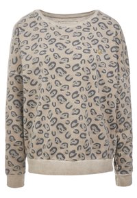 Sudadera beige con estampado de leopardo gris, cuello redondo, mangas largas y puños de canalé. Presenta un pequeño logo dorado en la parte delantera.