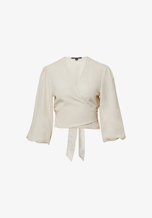 Cream-colored wrap top with puffed long sleeves, made of soft fabric. Features a tie closure at the waist and a deep V-neckline.