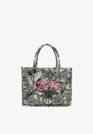 Rechteckige Stofftragetasche mit schwarzem Dschungel-Tier- und Pflanzenmuster, pinkem Herz und der Aufschrift "MG" auf der Vorderseite, zwei Griffen oben.