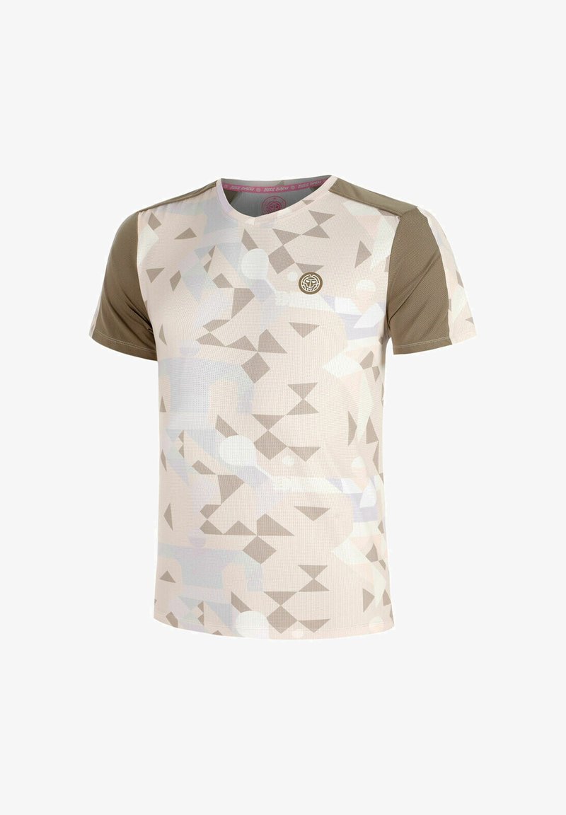 Camisa deportiva de manga corta en beige con patrones geométricos abstractos en tonos gris claro y verde; presenta una tela texturizada y un logo.