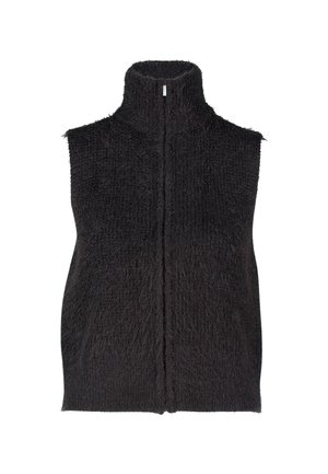 Gilet sans manches noir avec un col haut, fabriqué en tissu à texture pelucheuse, présentant une fermeture éclair centrale et un design minimaliste confortable.