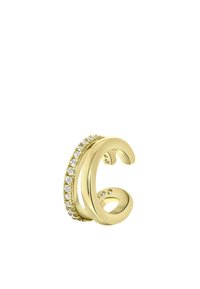 Goldfarbener Ring mit einem gedrehten Design und einer Reihe klarer Kristalle sowie kreisförmigen Akzenten. Glatte Oberfläche mit glänzendem Finish.