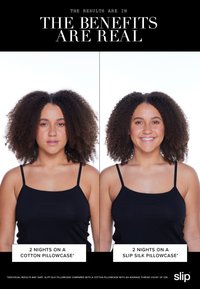 Frau mit lockigem Haar und schwarzem Tanktop, dargestellt vor und nach der zweitägigen Verwendung von Baumwoll- versus Seidenkissenbezug, lächelt im Foto mit Seidenkissenbezug.