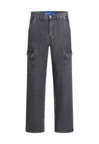 Sorte denim cargo bukser med en afslappet pasform, der har to sidelommer, bæltesløjfer og en knaplukning i taljen.