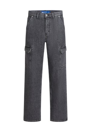 Sorte denim cargo bukser med en afslappet pasform, der har to sidelommer, bæltesløjfer og en knaplukning i taljen.