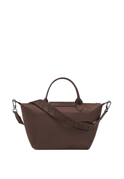 Brown nylon tote bag with short handles and an adjustable shoulder strap featuring embossed brand lettering.