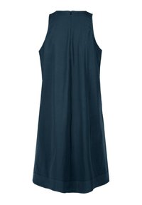 Sleeveless navy dress with a straight silhouette, light fabric, clean lines, and a back zipper. Smooth texture with minimal detailing.