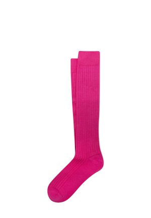 Calze a coste alte fino al ginocchio in tessuto brillante di colore rosa, con una texture liscia e punta arrotondata, dotate di un orlo flessibile nella parte superiore.