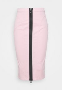 Pink denim pencil skirt featuring a center black zipper and structured seams. Designed to fit closely, with a hem that sits just below the knee.