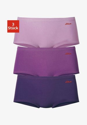 Drie paar dames hipsterondergoed in verschillende tinten paars: lichtlavendel, mid-paars en donkerpaars. Zachte katoenen stof met een elastische tailleband.