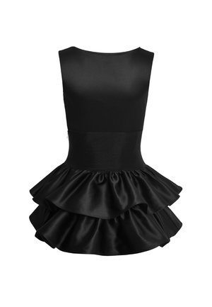 Schwarzes Satin-Kleid mit einem taillierten Oberteil und einem mehrlagigen Rüschensaum. Die Textur ist glatt mit einem leichten Glanz, der das elegante Design unterstreicht.