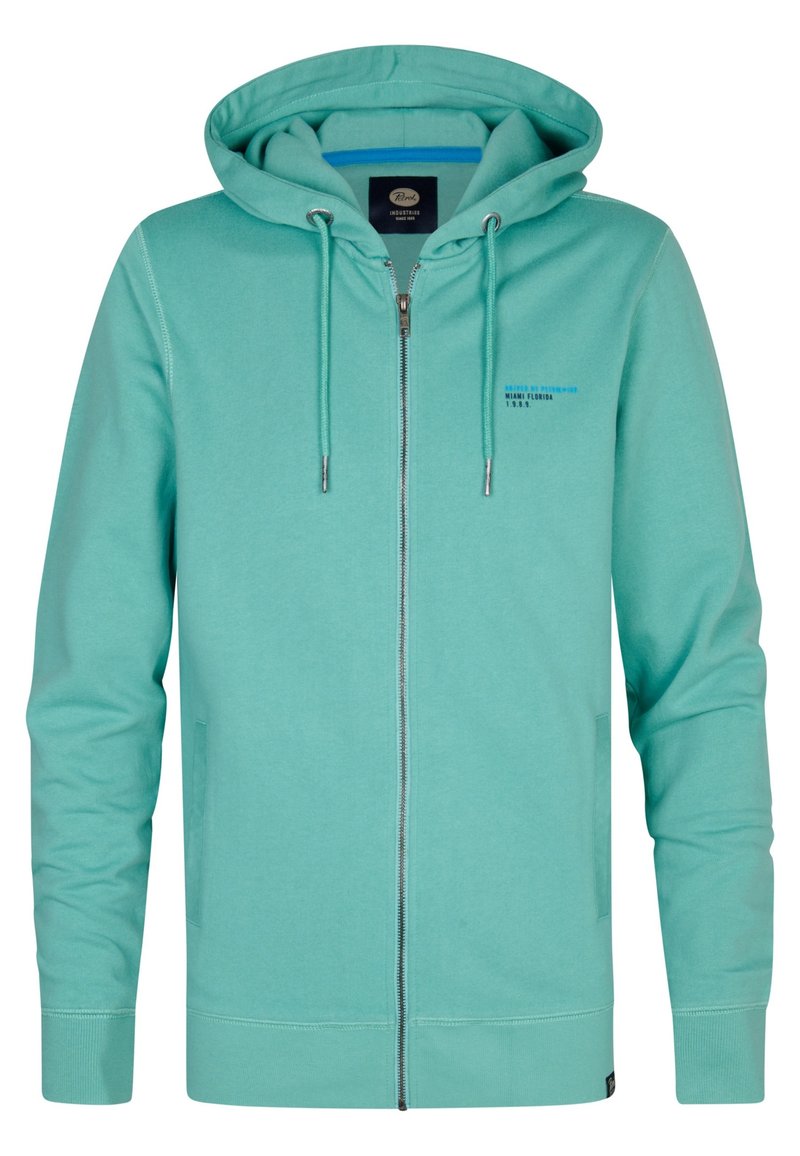 Felpa con zip di colore verde menta, realizzata in tessuto morbido. Presenta una zip frontale, cappuccio con coulisse e tasche laterali. Dettagli testuali minimi sul petto.