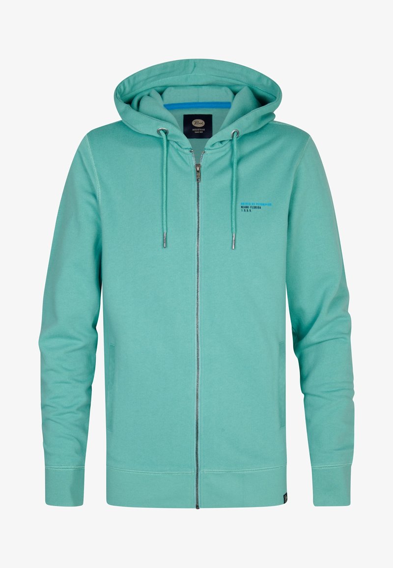 Felpa con zip di colore verde menta, realizzata in tessuto morbido. Presenta una zip frontale, cappuccio con coulisse e tasche laterali. Dettagli testuali minimi sul petto.