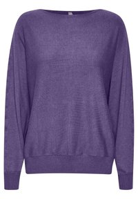 Lila långärmad tröja med vid halsringning, ribbade muddar och fåll. Tillverkad av mjukt stickat material med en jämn textur genom hela plagget.