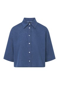 Kortärmad, kort croppad skjorta i mörkblått tyg. Har en klassisk krage och knäppning fram med ljusa knappar.