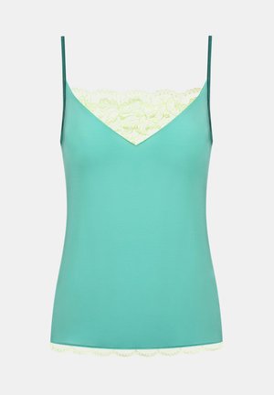 A turquoise camisole with thin straps, featuring a v-neck design and a scalloped, light green lace trim at the neckline and hem.