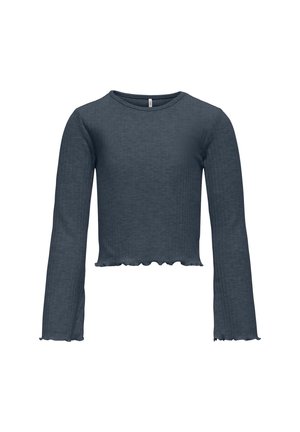 Dark blue cropped long-sleeve top made from ribbed fabric. Features a round neck and ruffled hemline with a textured surface.