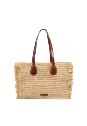 Borsa rettangolare in paglia intrecciata con manici in pelle marrone e lati frangiati, con una piccola etichetta frontale.