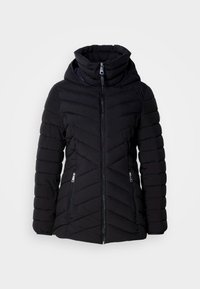 Giacca a vento nera con cappuccio, caratterizzata da un motivo a rombi trapuntato, chiusura frontale con zip e due tasche laterali con zip argentate.