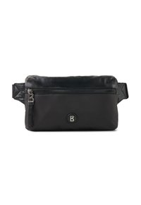 Riñonera de nylon negra con un compartimento con cremallera, que presenta un logo circular, diseño elegante y textura suave. Correa ajustable incluida.