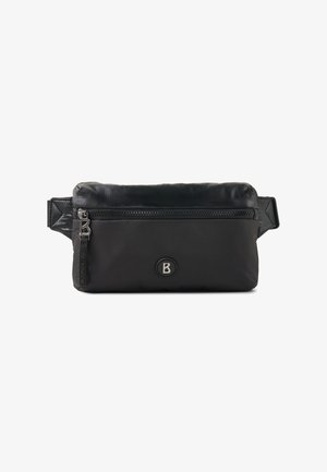 Schwarzer Nylon-Hüftbeutel mit einem Reißverschlussfach, ausgestattet mit einem runden Logo, schlankem Design und glatter Textur. Verstellbarer Gurt inklusive.