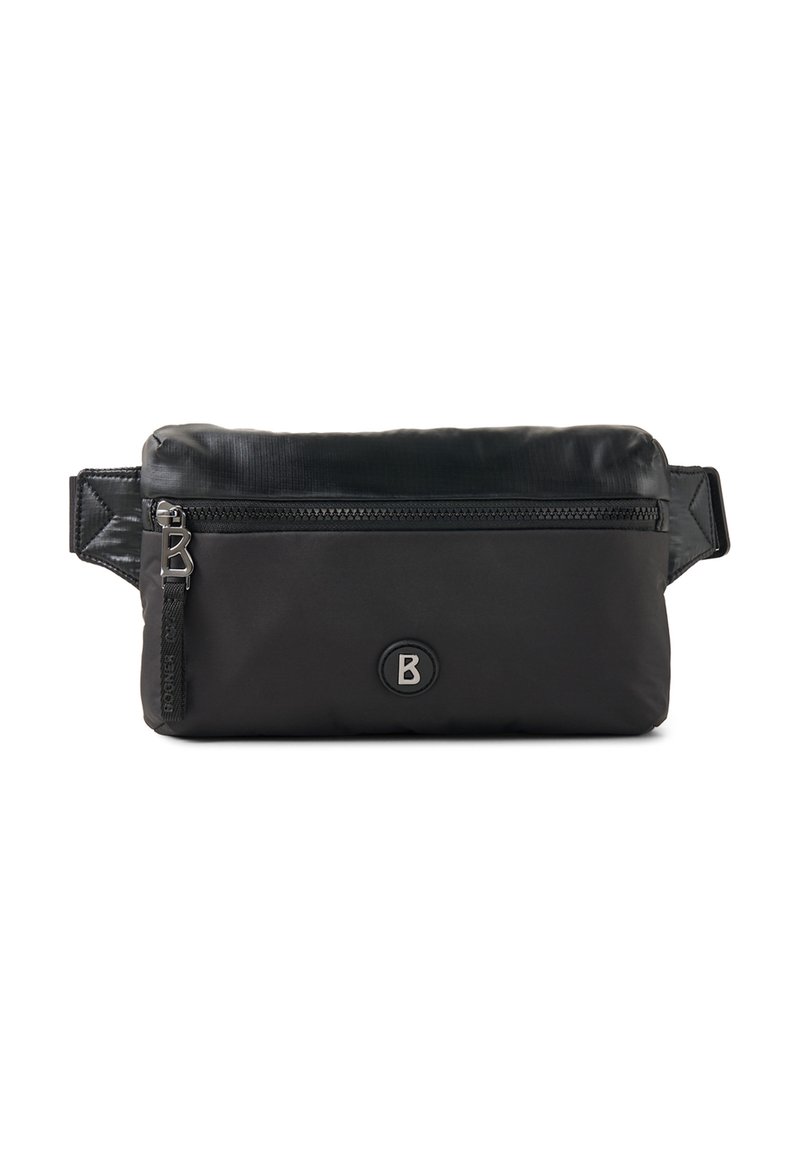 Riñonera de nylon negra con un compartimento con cremallera, que presenta un logo circular, diseño elegante y textura suave. Correa ajustable incluida.