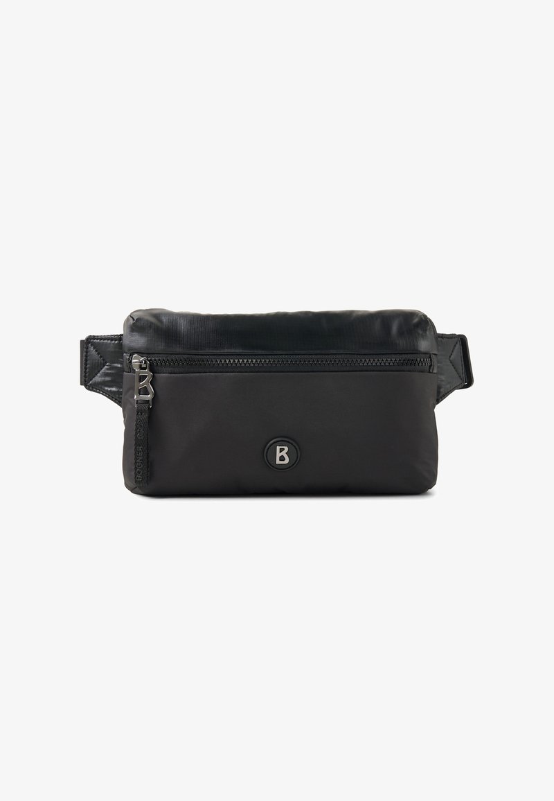 Marsupio nero in nylon con compartimento con cerniera, caratterizzato da un logo circolare, design elegante e texture liscia. Include una tracolla regolabile.