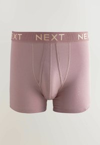 Boxer shorts violets en tissu doux et extensible, avec une ceinture élastique beige contrastante portant la marque "NEXT". Design classique avec ouverture.