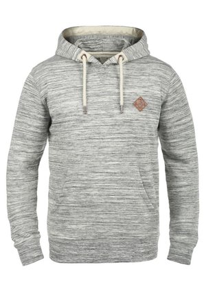 Grey hoodie with a textured finish, drawstring hood, and a diamond-shaped logo patch. Features a front pocket and ribbed cuffs.
