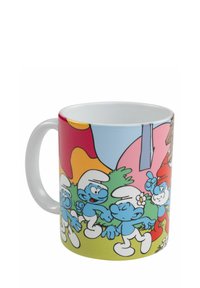 Tazza in ceramica con un vivace design da cartone animato che presenta personaggi blu su uno sfondo multicolore. Forma arrotondata con un grande manico.