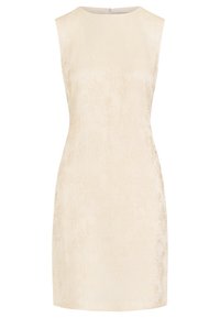 Hedvábné krémové šaty bez rukávů s texturovaným povrchem, s kulatým výstřihem a rovnou siluetou, navržené pro přiléhavý vzhled.
