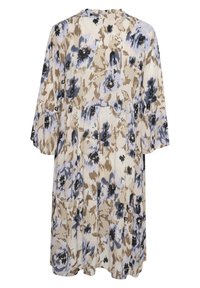Robe à imprimé floral beige, bleu et noir avec des manches trois-quarts, coupe décontractée et design en étages. Tissu texturé avec un col volanté.