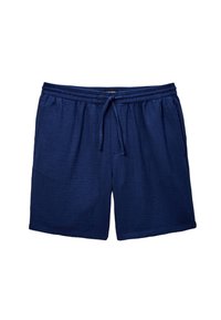 Shorts en lin bleu marine avec une taille élastique, fermeture à cordon de serrage et poches latérales. Texture lisse avec une coupe décontractée.