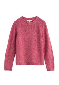 Pulover tricotat roz cu guler rotund, mâneci lungi și manșete și tiv ribbate. Texturat cu fire de diverse culori pe tot parcursul.