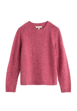 Roze pletena pulover sa okruglim izrezom, dugim rukavima i rebrastim manžetama i donjim rubom. Tekstura s mrljama raznih boja po cijelom puloveru.
